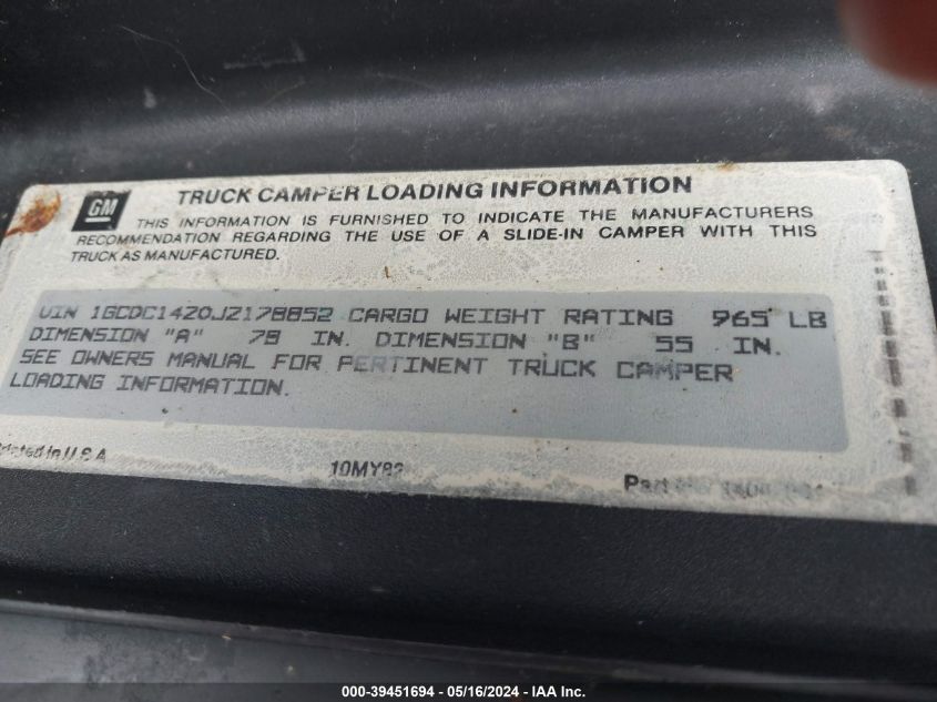 1988 Chevrolet Gmt-400 C1500 VIN: 1GCDC14Z0JZ178852 Lot: 39451694