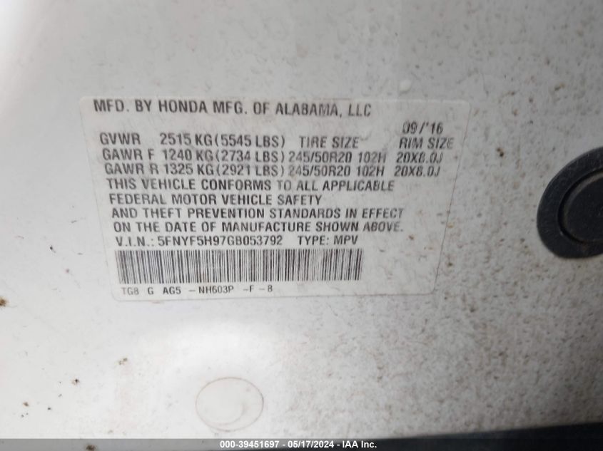 2016 Honda Pilot Touring VIN: 5FNYF5H97GB053792 Lot: 39451697