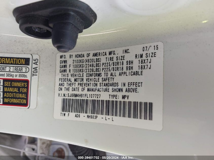 2015 Honda Cr-V Touring VIN: 5J6RM4H91FL107727 Lot: 39451702