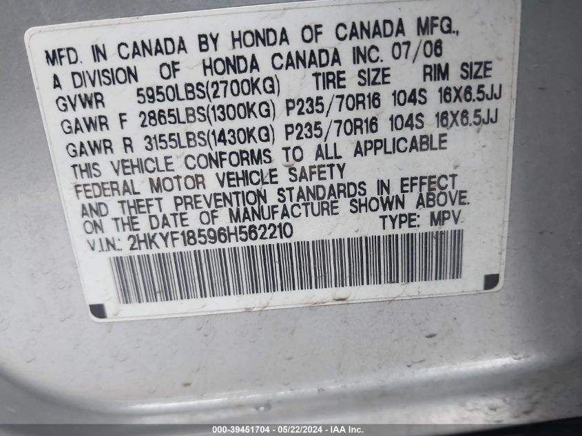 2006 Honda Pilot Ex-L VIN: 2HKYF18596H562210 Lot: 39451704