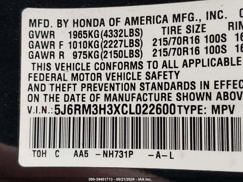 5J6RM3H3XCL022600 2012 Honda Cr-V Lx