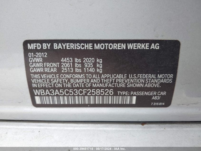 2012 BMW 328I I VIN: WBA3A5C53CF258526 Lot: 39451715