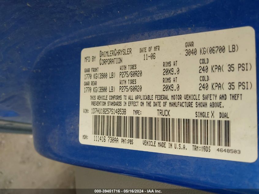 2007 Dodge Ram 1500 Slt/Trx4 Off Road/Sport VIN: 1D7HU18257S148538 Lot: 39451716