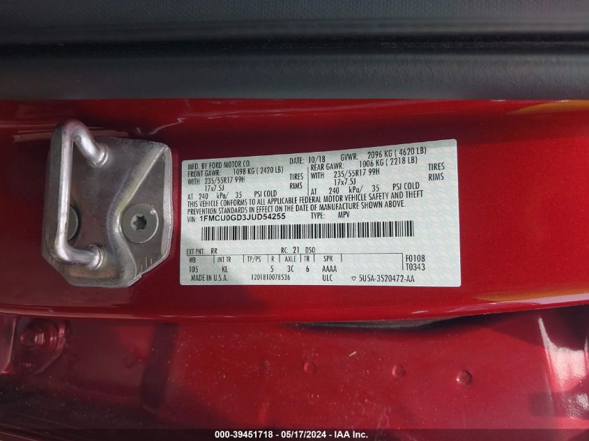 2018 Ford Escape Se VIN: 1FMCU0GD3JUD54255 Lot: 39451718