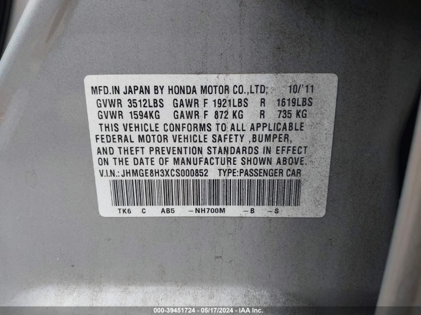 2012 Honda Fit VIN: JHMGE8H3XCS000852 Lot: 39451724