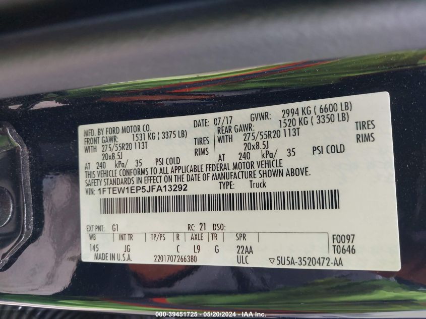 2018 Ford F-150 Xl VIN: 1FTEW1EP5JFA13292 Lot: 39451725