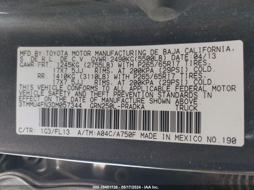 2013 Toyota Tacoma Base V6 VIN: 3TMMU4FN3DM057344 Lot: 39451738