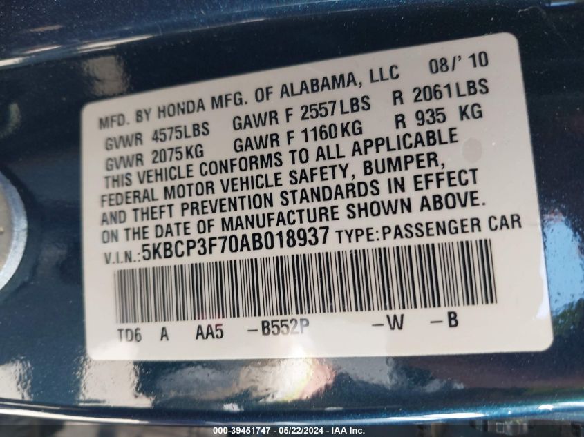 2010 Honda Accord 3.5 Ex VIN: 5KBCP3F70AB018937 Lot: 39451747