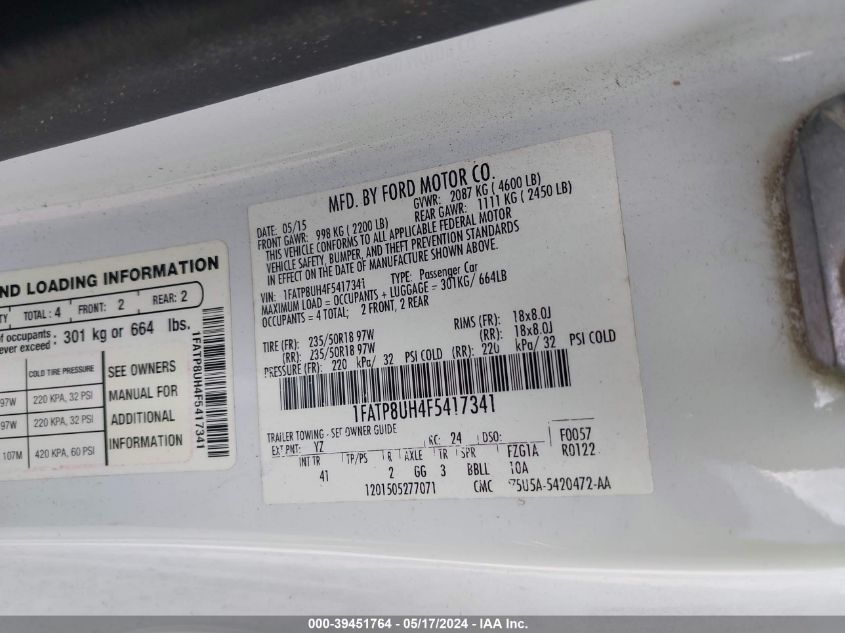 2015 Ford Mustang Ecoboost Premium VIN: 1FATP8UH4F5417341 Lot: 39451764