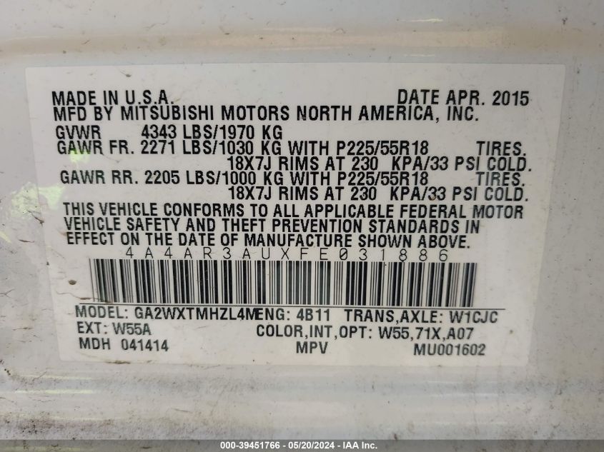 2015 Mitsubishi Outlander Sport Es VIN: 4A4AR3AUXFE031886 Lot: 39451766