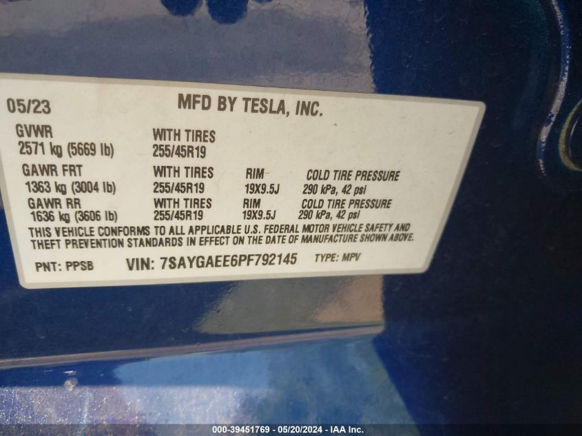 2023 Tesla Model Y Awd/Long Range Dual Motor All-Wheel Drive VIN: 7SAYGAEE6PF792145 Lot: 39451769