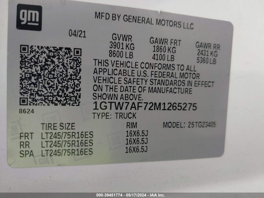 2021 GMC Savana Cargo Rwd 2500 Regular Wheelbase Work Van VIN: 1GTW7AF72M1265275 Lot: 39451774