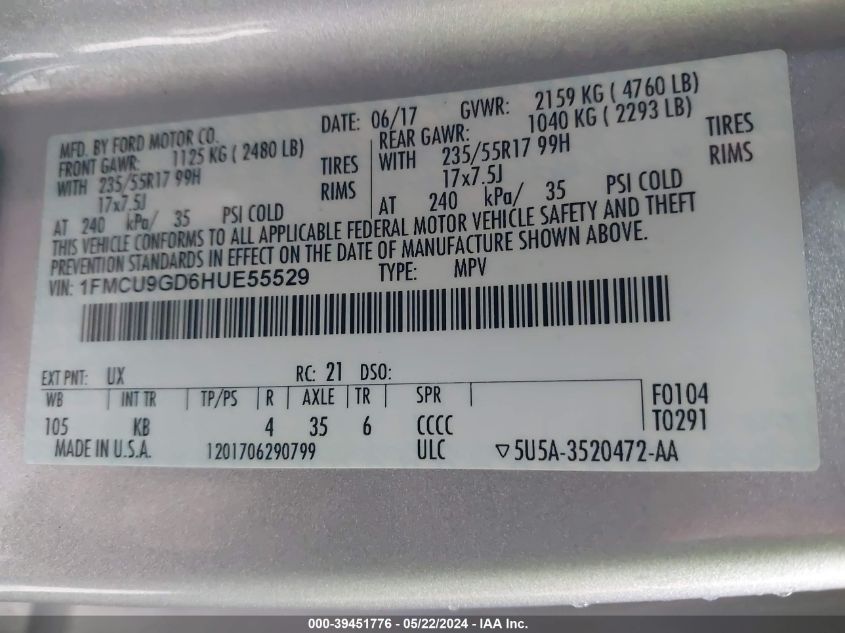 2017 Ford Escape Se VIN: 1FMCU9GD6HUE55529 Lot: 39451776