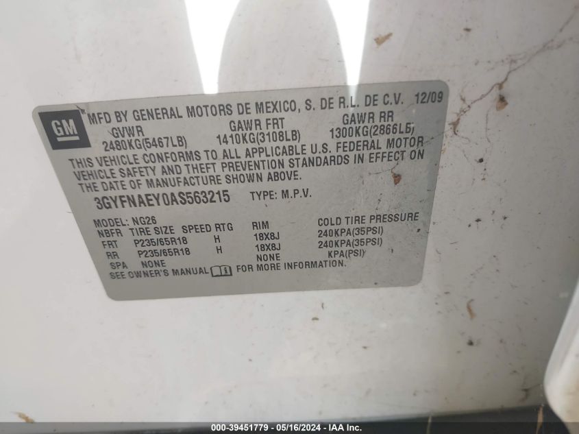 2010 Cadillac Srx Luxury Collection VIN: 3GYFNAEY0AS563215 Lot: 39451779