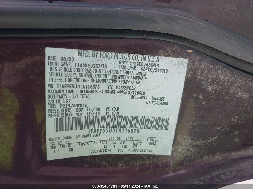 2001 Ford Taurus Ses VIN: 1FAFP55U01A116878 Lot: 39451781