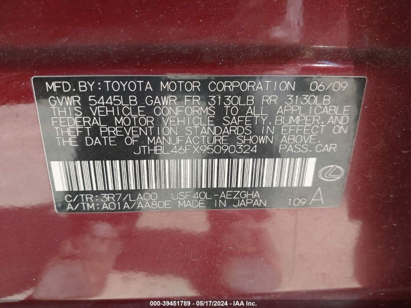 2009 Lexus Ls 460 VIN: JTHBL46FX95090324 Lot: 39451789
