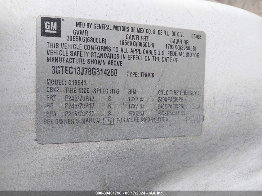 2008 GMC Sierra 1500 Sle1 VIN: 3GTEC13J78G314260 Lot: 39451798