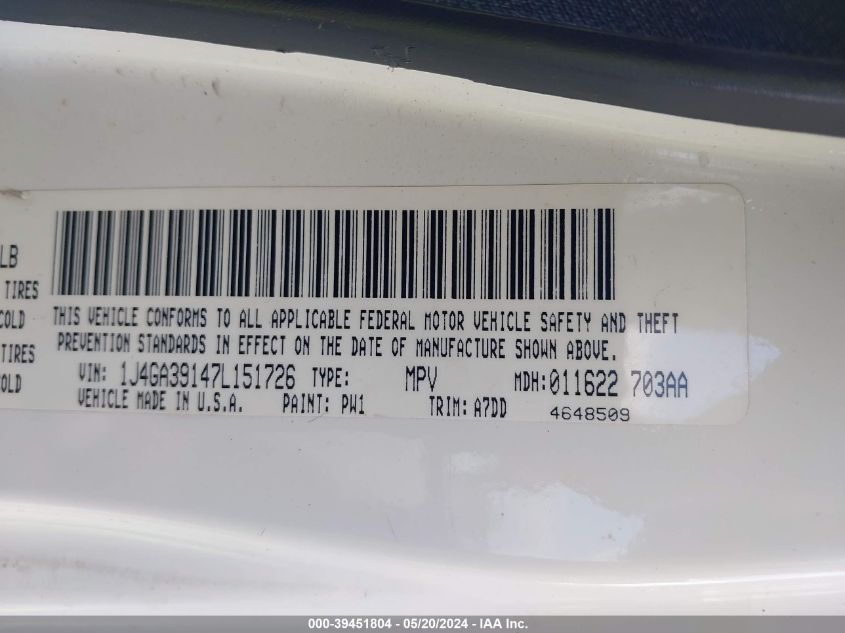2007 Jeep Wrangler Unlimited X VIN: 1J4GA39147L151726 Lot: 39451804