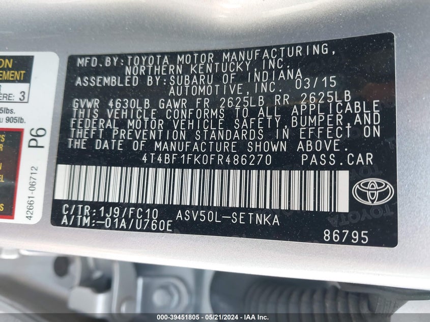 2015 Toyota Camry Le VIN: 4T4BF1FK0FR486270 Lot: 39451805