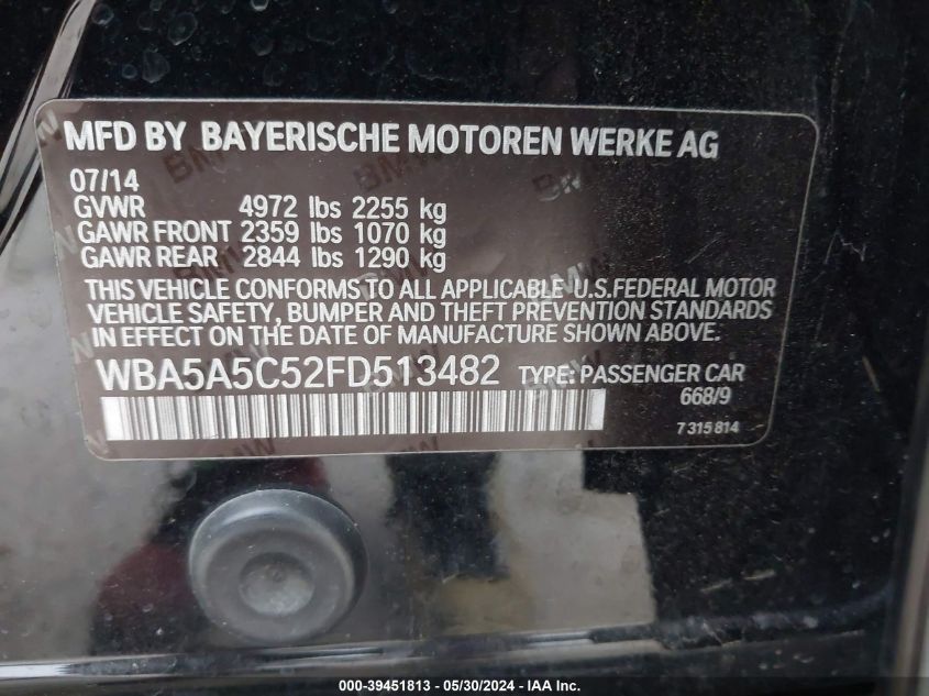 2015 BMW 528I VIN: WBA5A5C52FD513482 Lot: 39451813