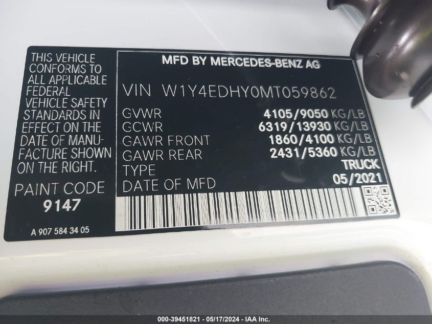 2021 Mercedes-Benz Sprinter 2500 High Roof V6 VIN: W1Y4EDHY0MT059862 Lot: 39451821