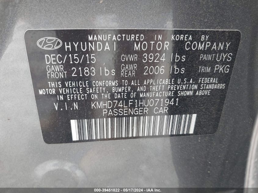 2017 Hyundai Elantra Se VIN: KMHD74LF1HU071941 Lot: 39451822