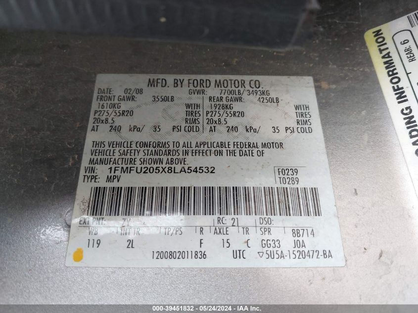2008 Ford Expedition Limited VIN: 1FMFU205X8LA54532 Lot: 39451832
