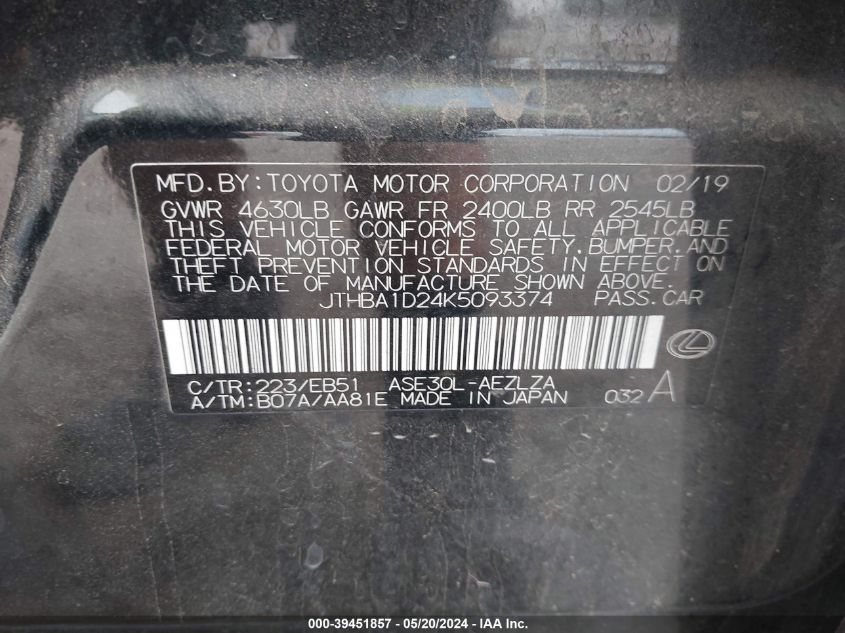 2019 Lexus Is 300 VIN: JTHBA1D24K5093374 Lot: 39451857