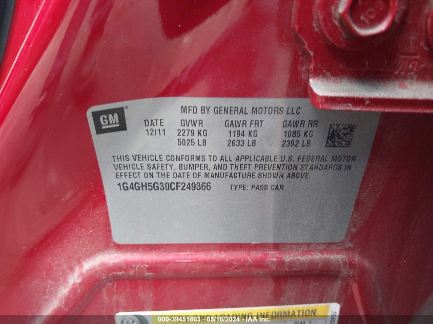 2012 Buick Lacrosse Premium 3 Group VIN: 1G4GH5G30CF249366 Lot: 39451863