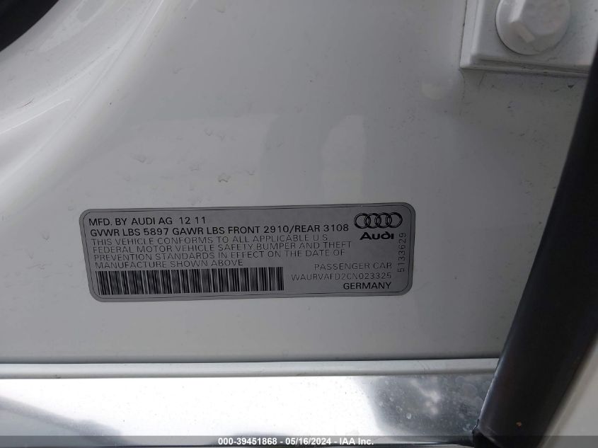 2012 Audi A8 L 4.2 VIN: WAURVAFD2CN023325 Lot: 39451868
