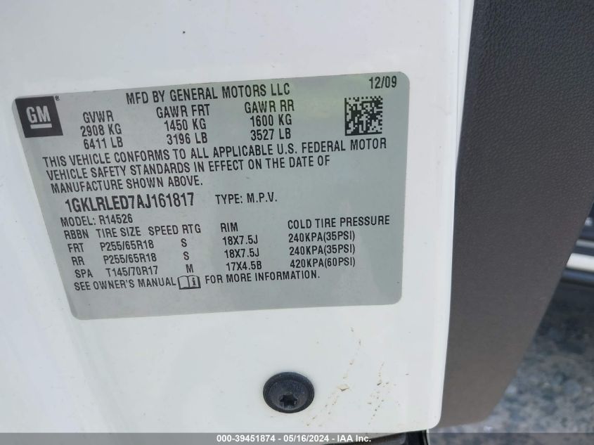 2010 GMC Acadia Sle VIN: 1GKLRLED7AJ161817 Lot: 39451874
