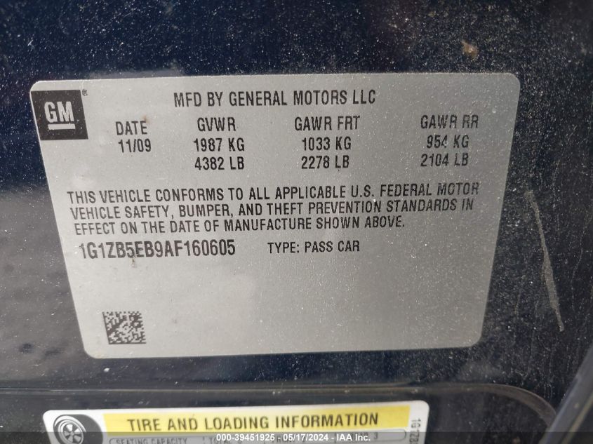 2010 Chevrolet Malibu Ls VIN: 1G1ZB5EB9AF160605 Lot: 39451925