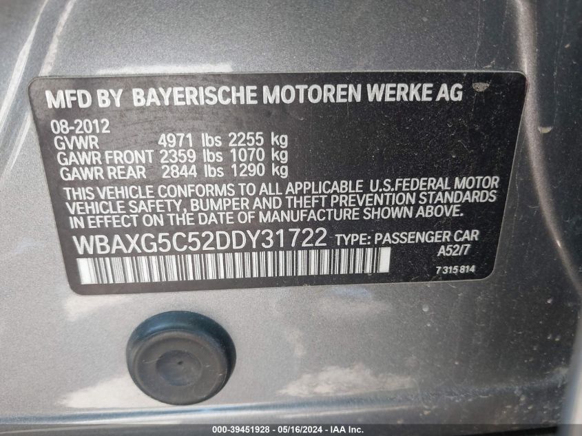 2013 BMW 528I VIN: WBAXG5C52DDY31722 Lot: 39451928