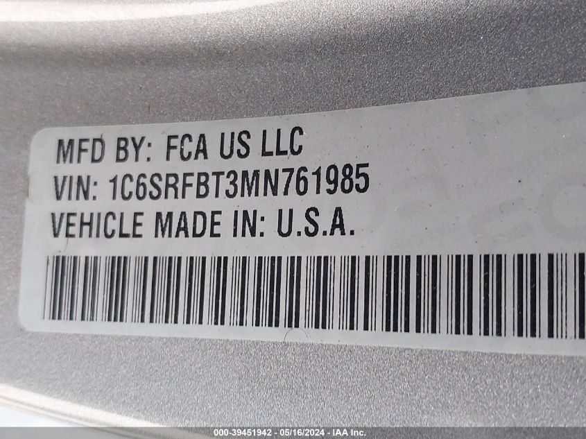 2021 Ram 1500 Big Horn Quad Cab 4X4 6'4 Box VIN: 1C6SRFBT3MN761985 Lot: 39451942