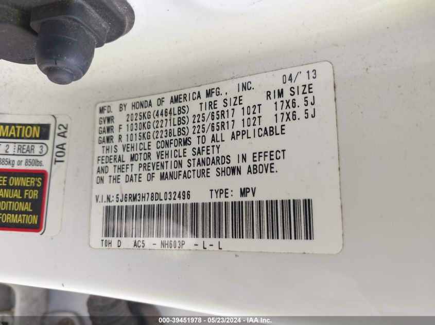 2013 Honda Cr-V Ex-L VIN: 5J6RM3H78DL032496 Lot: 39451978