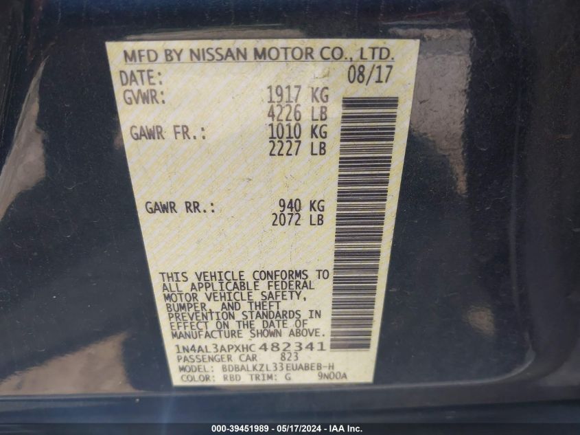 2017 Nissan Altima 2.5 Sv VIN: 1N4AL3APXHC482341 Lot: 39451989