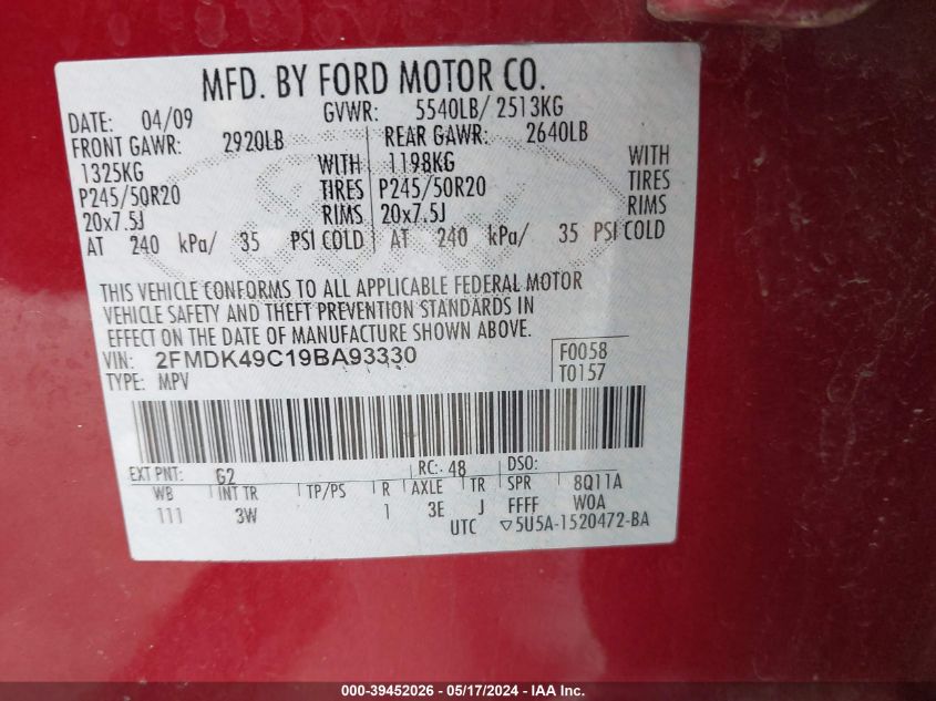 2009 Ford Edge Limited VIN: 2FMDK49C19BA93330 Lot: 39452026