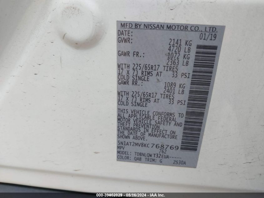 2019 Nissan Rogue Sv VIN: 5N1AT2MV8KC768769 Lot: 39452029