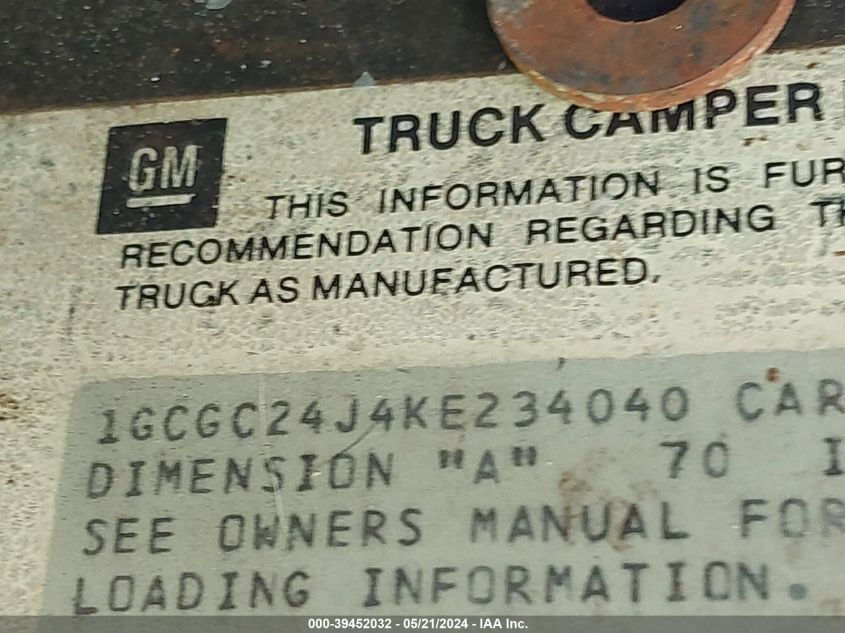 1989 Chevrolet Gmt-400 C2500 VIN: 1GCGC24J4KE234040 Lot: 39452032