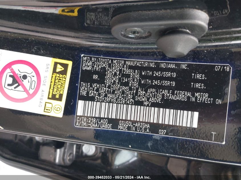 2018 Toyota Highlander Limited Platinum VIN: 5TDYZRFH9JS281451 Lot: 39452033