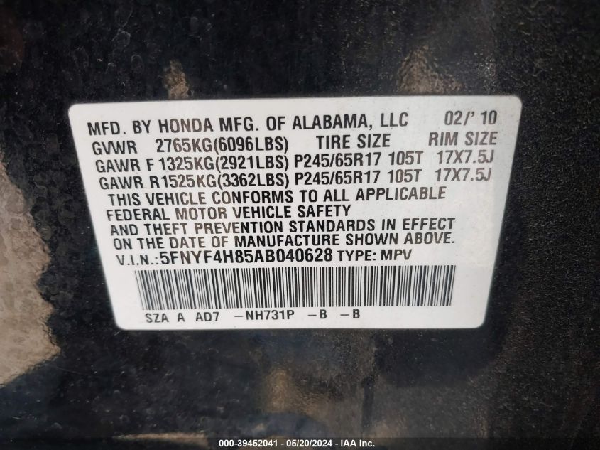 2010 Honda Pilot Touring VIN: 5FNYF4H85AB040628 Lot: 39452041