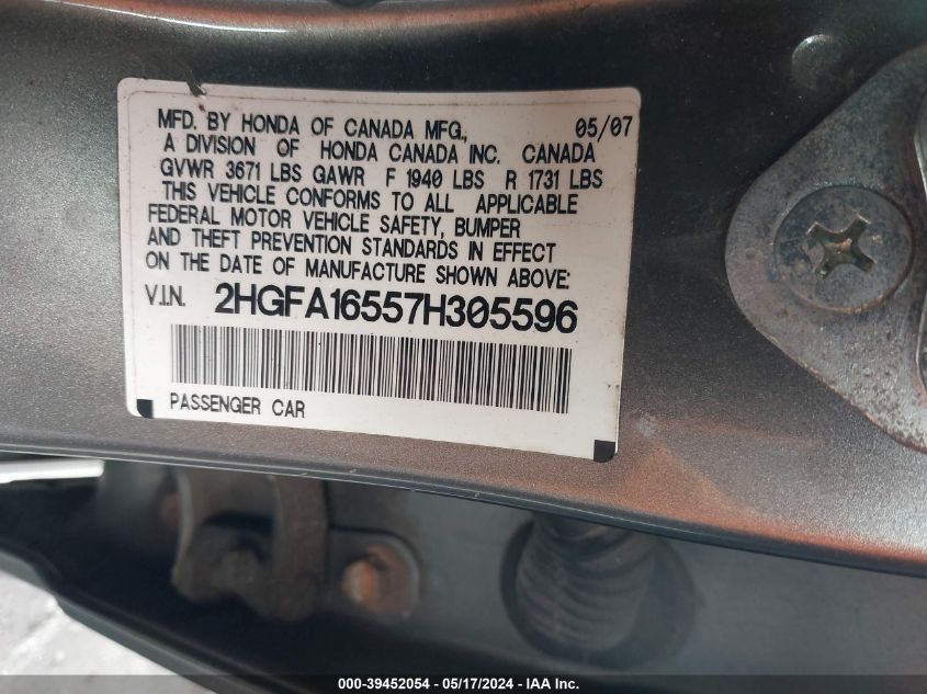 2007 Honda Civic Lx VIN: 2HGFA16557H305596 Lot: 39452054