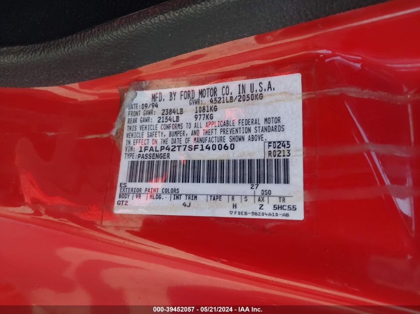 1995 Ford Mustang Gt/Gts VIN: 1FALP42T7SF140060 Lot: 39452057