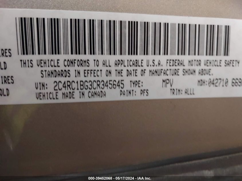 2012 Chrysler Town & Country Touring VIN: 2C4RC1BG3CR345645 Lot: 39452068