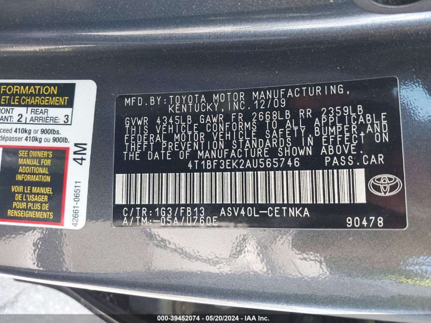 2010 Toyota Camry Le VIN: 4T1BF3EK2AU565746 Lot: 39452074