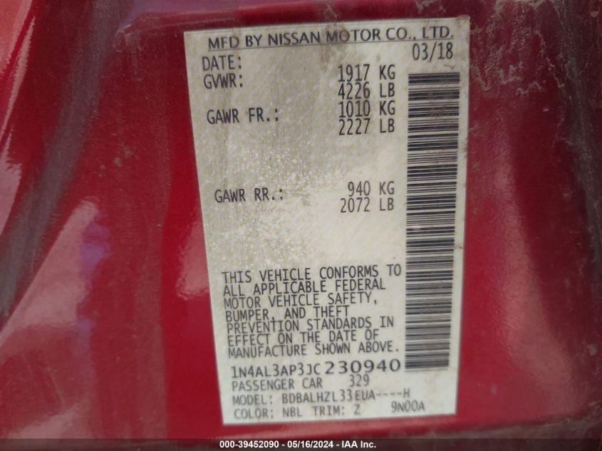 2018 Nissan Altima 2.5 Sr VIN: 1N4AL3AP3JC230940 Lot: 39452090
