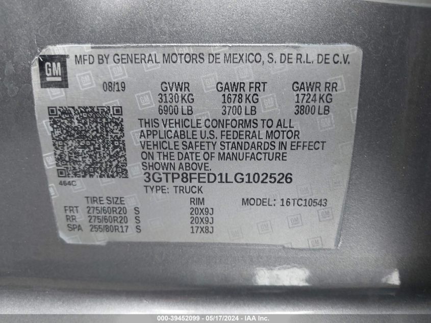 2020 GMC Sierra 1500 2Wd Short Box Denali VIN: 3GTP8FED1LG102526 Lot: 39452099