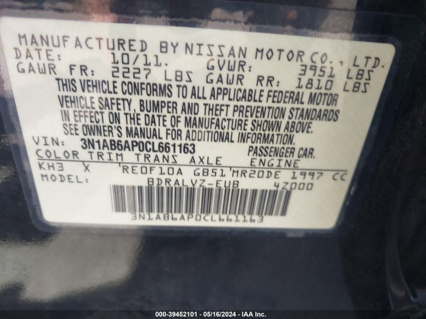 3N1AB6AP0CL661163 2012 Nissan Sentra 2.0 Sl