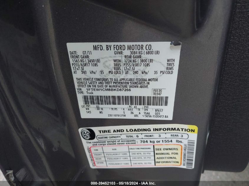 2011 Ford F-150 Xlt VIN: 1FTEW1CM8BKD87266 Lot: 39452103