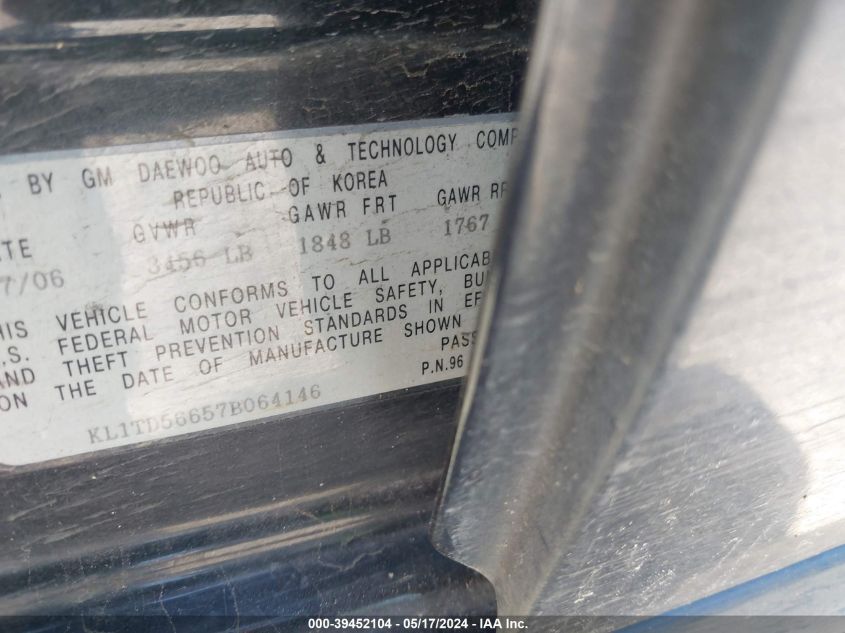 2007 Chevrolet Aveo Ls VIN: KL1TD56657B064146 Lot: 39452104